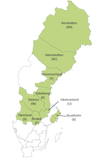 Map of Sweden showing the locations of the nine counties involved in the study published in 2020