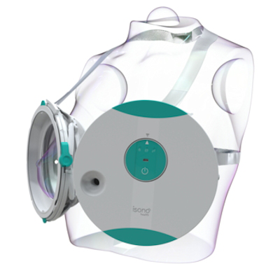 The iSono Health ATUSA automated whole-breast ultrasound system features a wearable patient accessory