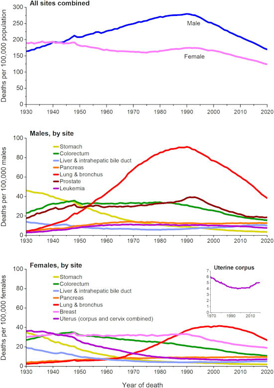 Trends in cancer mortality rates by sex overall and for selected cancers
